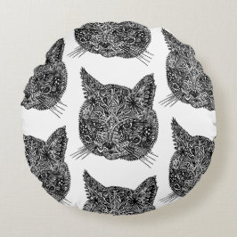 Almofada Redonda Retrato Ornamental de Gato Negro e Branco