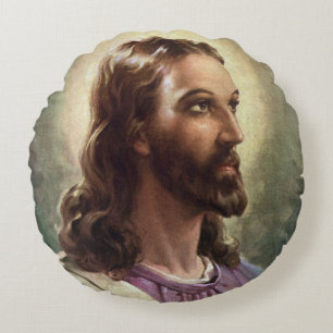 Almofada Redonda Retrato Religioso Vintage, Jesus Cristo com Auréol