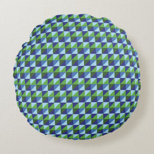 Almofada Redonda Retro Azul e Verde Triângulo Geométrico Abstrato