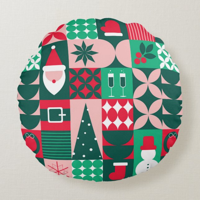 Almofada Redonda Retro Bauhaus Natal Patchwork Vermelho Verde (Frente)