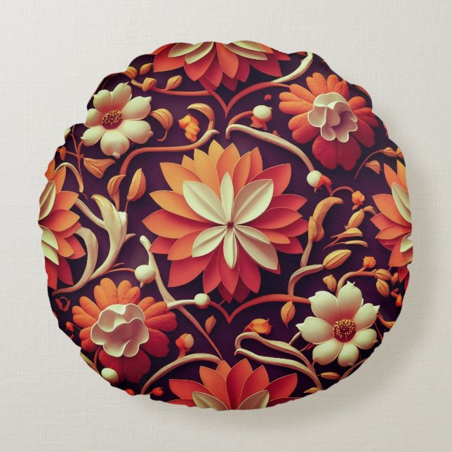 Almofada Redonda "Retro Bloom - Padrão Floral Invisível (Frente)