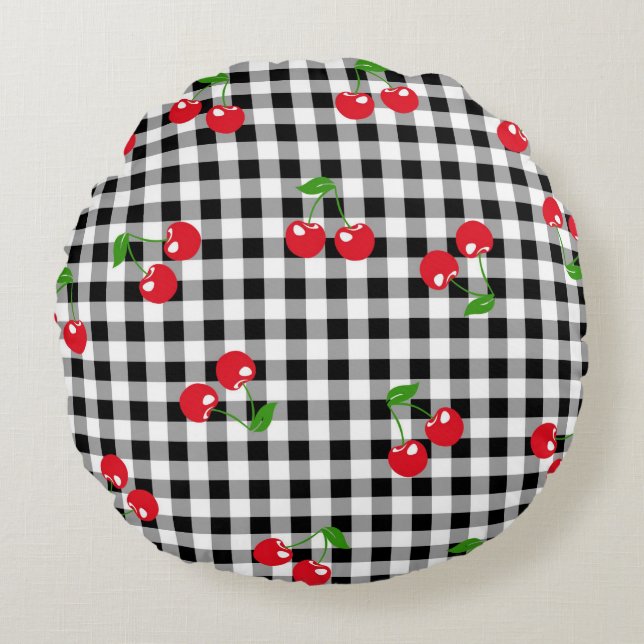 Almofada Redonda Retro Cherry Gingham Cute Red & Black Checked (Frente)