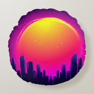 Almofada Redonda Retro Futurismo. ilustração de onda sintetizada fu