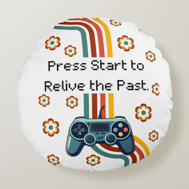 Almofada Redonda Retro Gaming Illustration – Teal Controller with F (Frente)