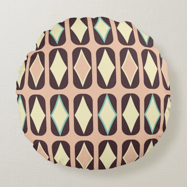 Almofada Redonda Retro geometric pattern with brown, yellow, blue (Frente)