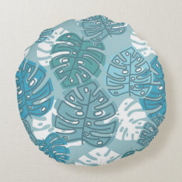 Almofada Redonda Retro Havaiano Monstera Leaf Summer Blues