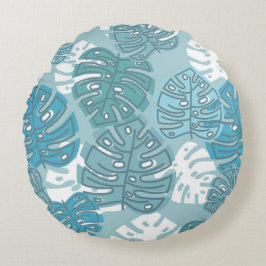Almofada Redonda Retro Havaiano Monstera Leaf Summer Blues