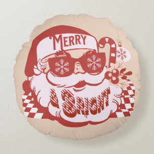 Almofada Redonda Retro Papai Noel Alegre e Brilhante Groovy