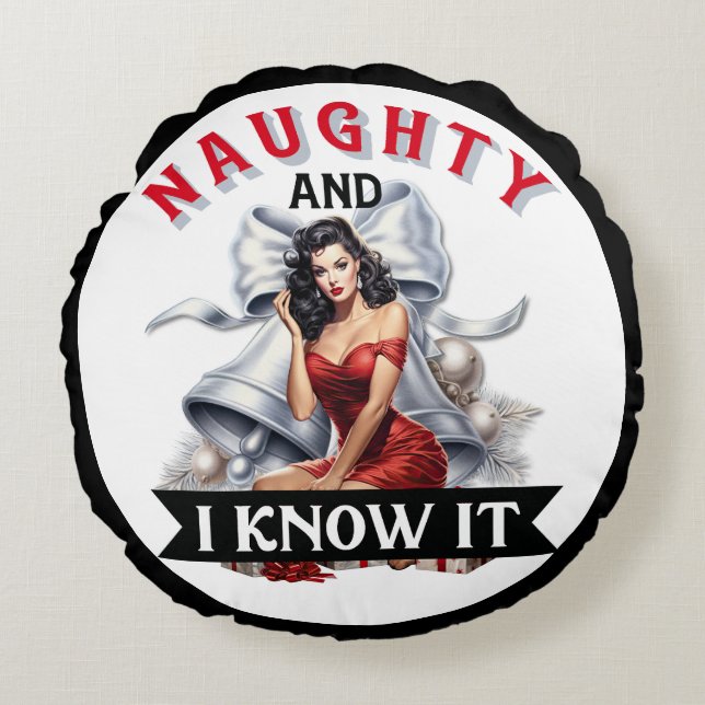 Almofada Redonda Retro Safadinha e Eu Sei Disso Pin-up de Natal (Frente)