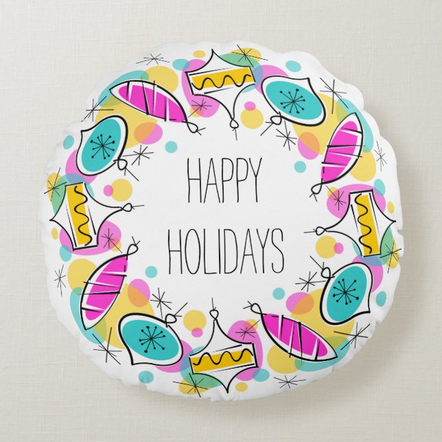 Almofada Redonda Retro Tree Baubles Circle Holidations (Frente)