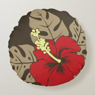 Almofada Redonda Reversible havaiano do hibiscus da praia do Banzai
