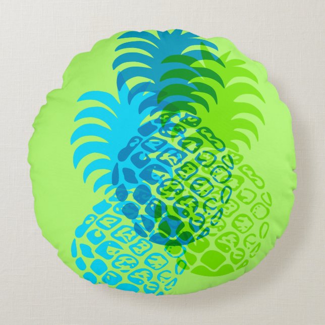 Almofada Redonda Reversível Tropical Hawaiana de Momona Pineapple (Frente)