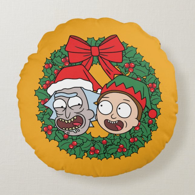 Almofada Redonda Rick e Morty | Padrão de Feriado (Frente)
