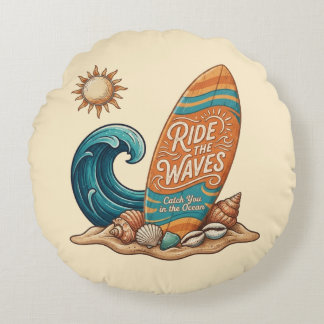 Almofada Redonda Ride The Waves - Vintage Surfing Round Decorative 