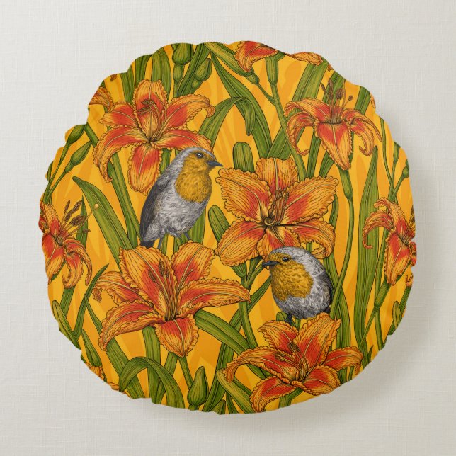 Almofada Redonda Robins e flores, cor de laranja e verde (Frente)
