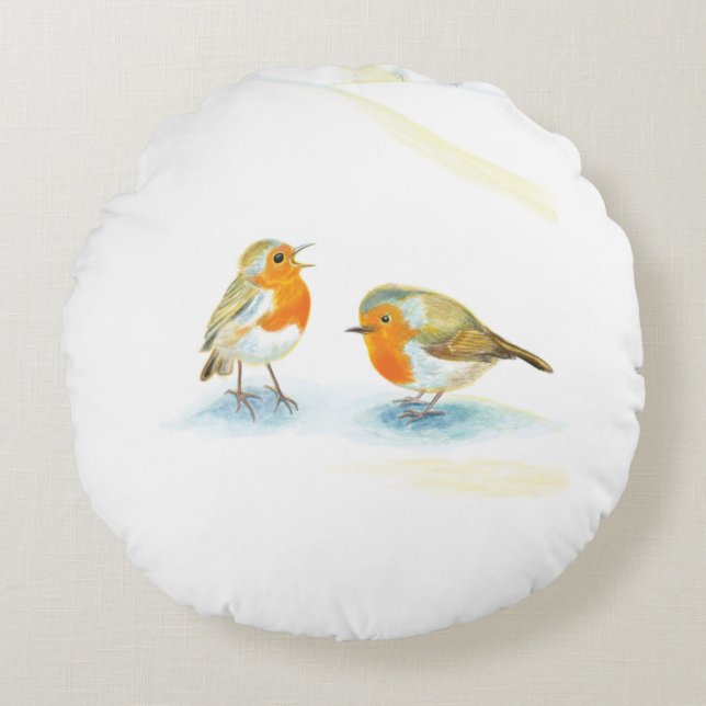 Almofada Redonda Robins vermelhos no inverno (Frente)