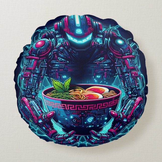 Almofada Redonda Robô Futurista Ciberpunk Neon Comida Ramen (Frente)