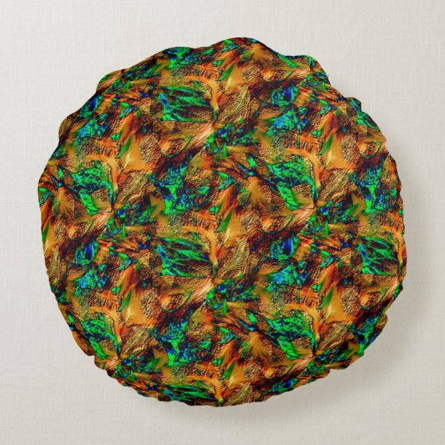 Almofada Redonda Rock muito rústico em amarelo queimado com ponto v (Verso)