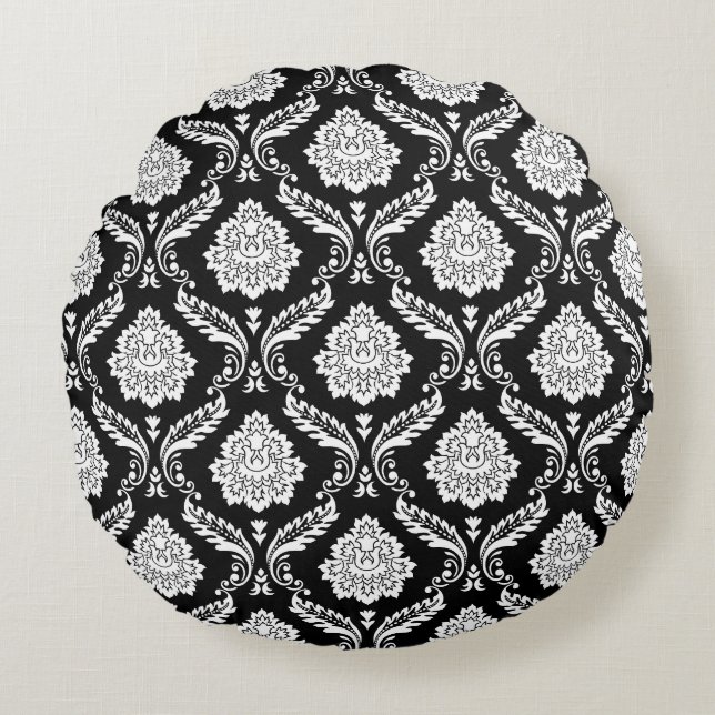 Almofada Redonda Rococo Damask 2Way Padrão Preto+Branco (Frente)