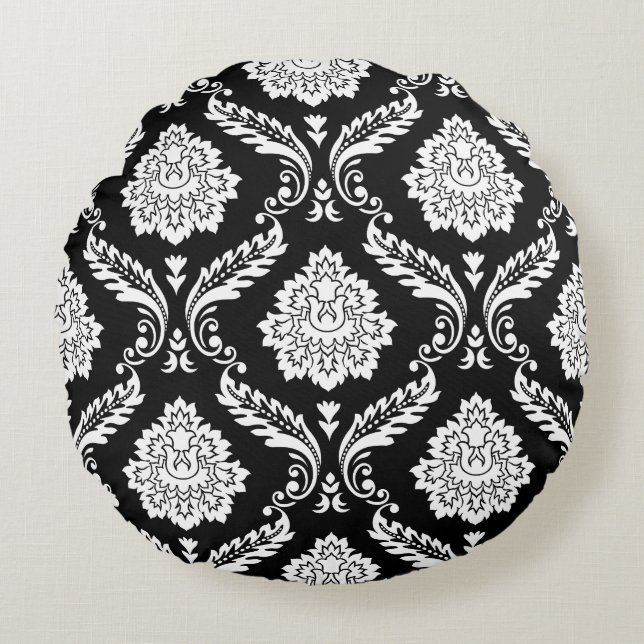 Almofada Redonda Rococó Damask Grande Padrão Branco no Preto (Frente)