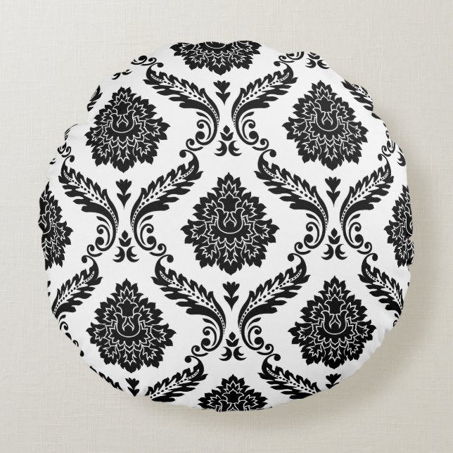 Almofada Redonda Rococó Damask Grande Padrão Preto no Branco (Frente)