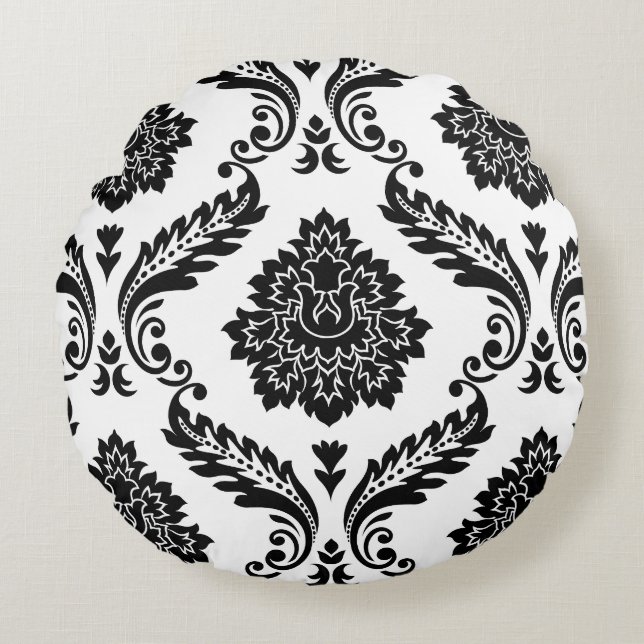 Almofada Redonda Rococo Damask Lg Pattern Black on White (Frente)
