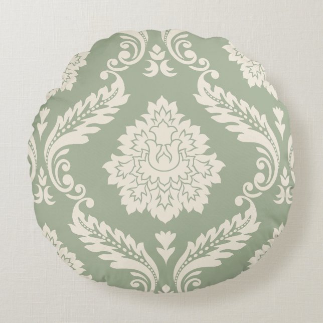 Almofada Redonda Rococo Damask Padrão Grande Creme sobre Verde (Frente)