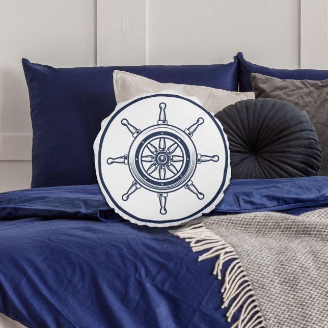 Almofada Redonda Roda Náutica Costeira Blue Beach House (Nautical Coastal Blue Beach House Boat Ship Wheel Round Pillow)