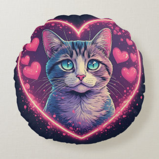 Almofada Redonda Romantic Cat Lover Gift | Aesthetic Neon Animal