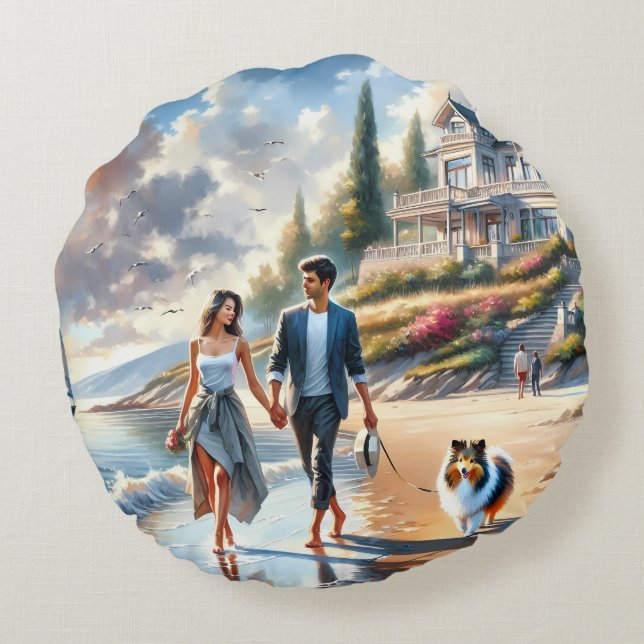 Almofada Redonda Romantic Coastal Cottage Sunset Stroll (Verso)