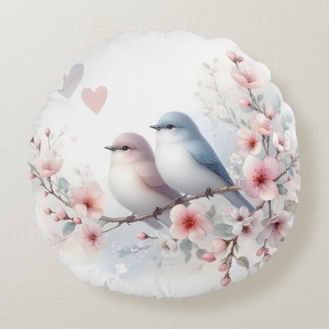 Almofada Redonda Romantic Love Birds Cherry Blossom Branch (Frente)