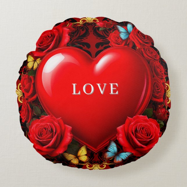 Almofada Redonda Romantic Red Heart Framed by Roses and Butterflies (Frente)