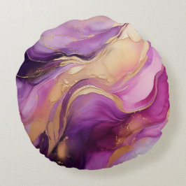 Almofada Redonda Rosa Abstrato Roxo Moderno e Dourado-