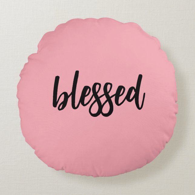 Almofada Redonda Rosa claro de Mensagens e Xadrez de Buffalo Preto (Frente)