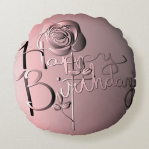 Almofada Redonda Rosa de Arte Original "Feliz Aniversário"