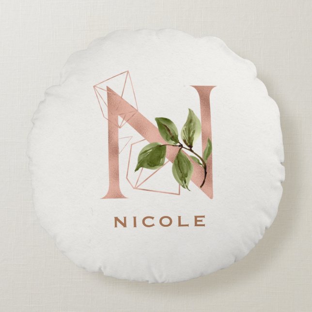 Almofada Redonda Rosa Dourado Floral, Monograma e Monograma, Inicia (Frente)