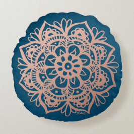 Almofada Redonda Rosa Dourado Mandala na Flor Azul Escura