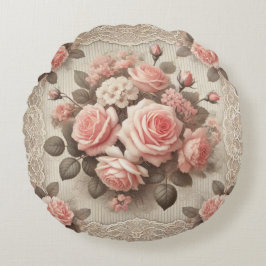 Almofada Redonda Rosa Rosa Rosa Rosa Vintage Floral com Borda de re