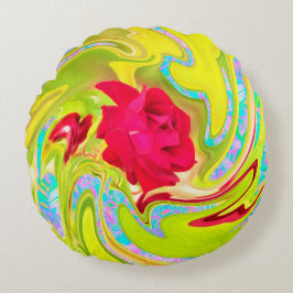 Almofada Redonda Rosa vermelha abstrato em espiral amarela e aqua