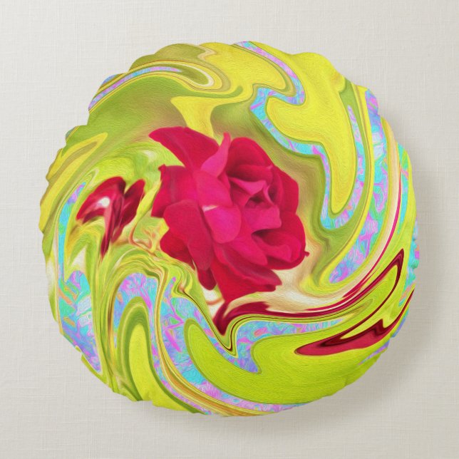 Almofada Redonda Rosa vermelha abstrato em espiral amarela e aqua (Frente)