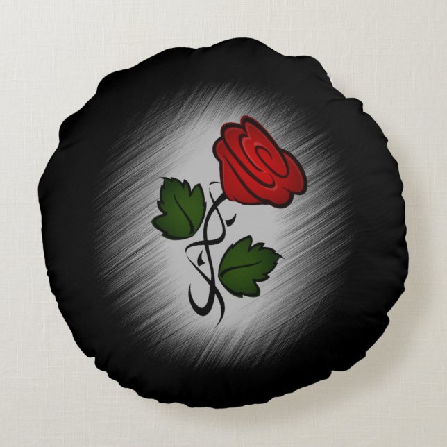 Almofada Redonda rosa vermelha em preto (Verso)