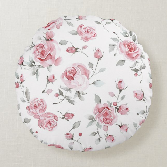 Almofada Redonda Rosas Cor-de-Rosa Floral  (Frente)