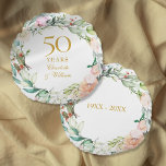 Almofada Redonda rosas de aniversário de casamento do Ouro 50º<br><div class="desc">Com uma delicada camada floral de aquarela,  este travesseiro botânico de 50 anos de casamento pode ser personalizado com sua informação especial de aniversário em elegante texto de ouro. Projetado por Thisnotme©</div>