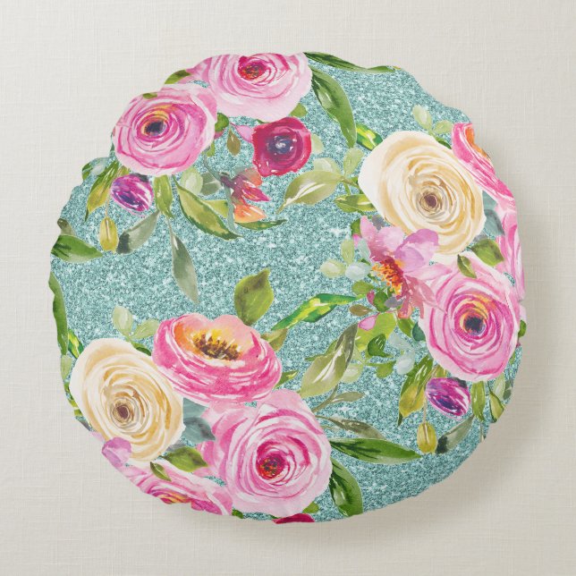 Almofada Redonda Rosas de aquarela rosa e creme (Frente)