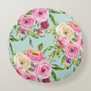 Almofada Redonda Rosas de aquarelas a rosa e creme em aqua