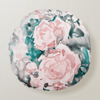 Almofada Redonda Rosas de aquarelas, cor-de-rosa, lacre, Cinza