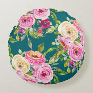 Almofada Redonda Rosas de aquarelas em rosa e creme no chão