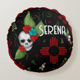 Almofada Redonda Rosas do crânio Zia Sun Greenery Black Novo México