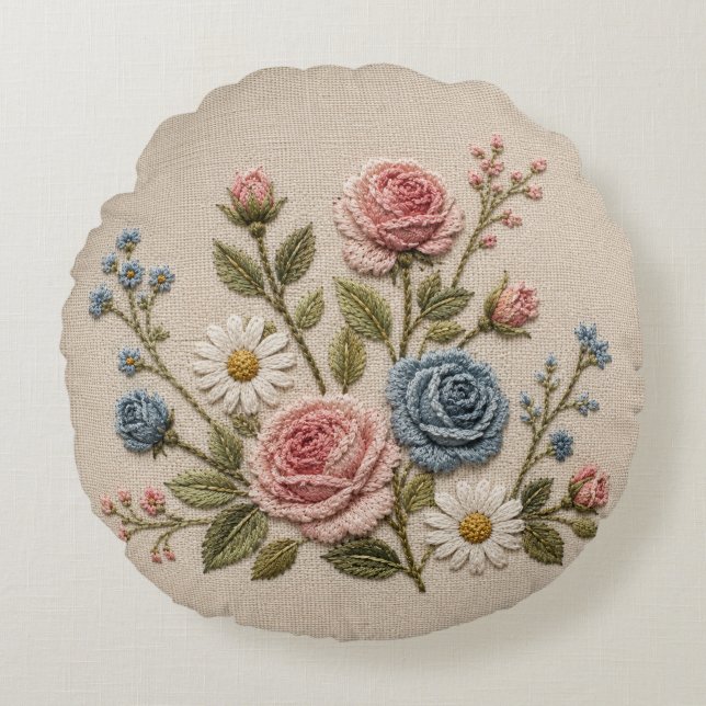 Almofada Redonda Rosas Embroidered Blush & Azul (Frente)