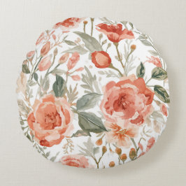 Almofada Redonda Rosas Laranja Aquarela Botânica Coral Floral